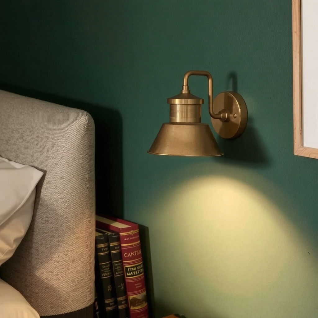 Warm brass sconces glowing against a dark green wall