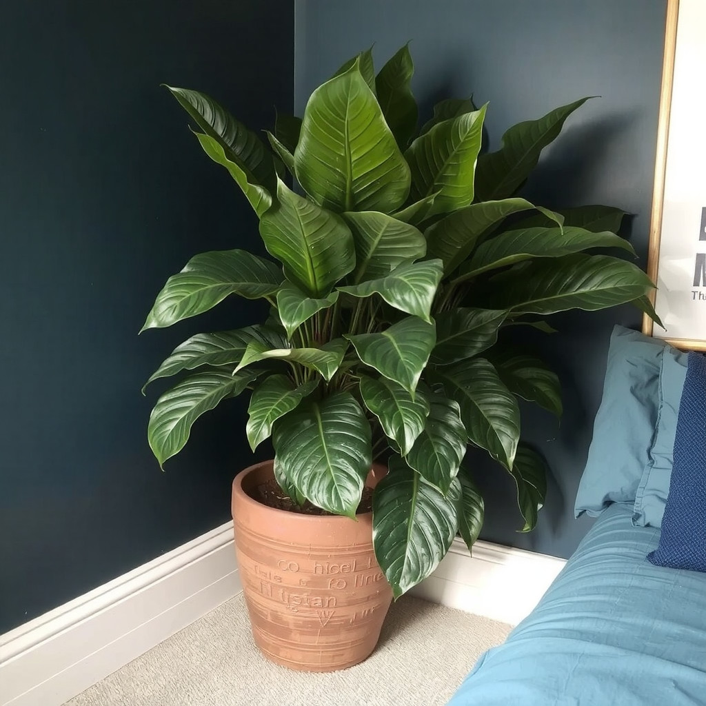 A large leafy plant in a corner of a dark room