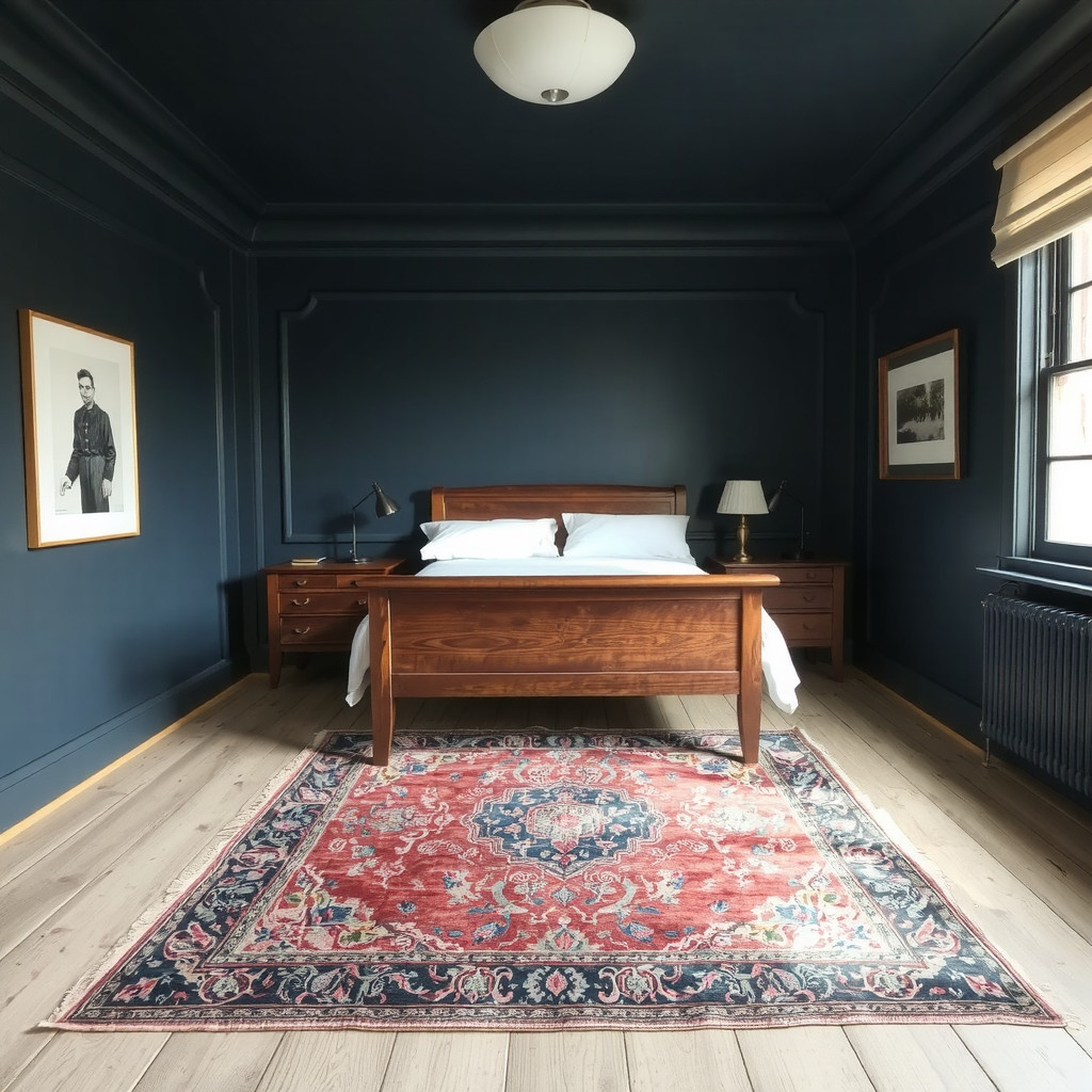 Symmetrical bedroom layout with dark walls and a centered bed