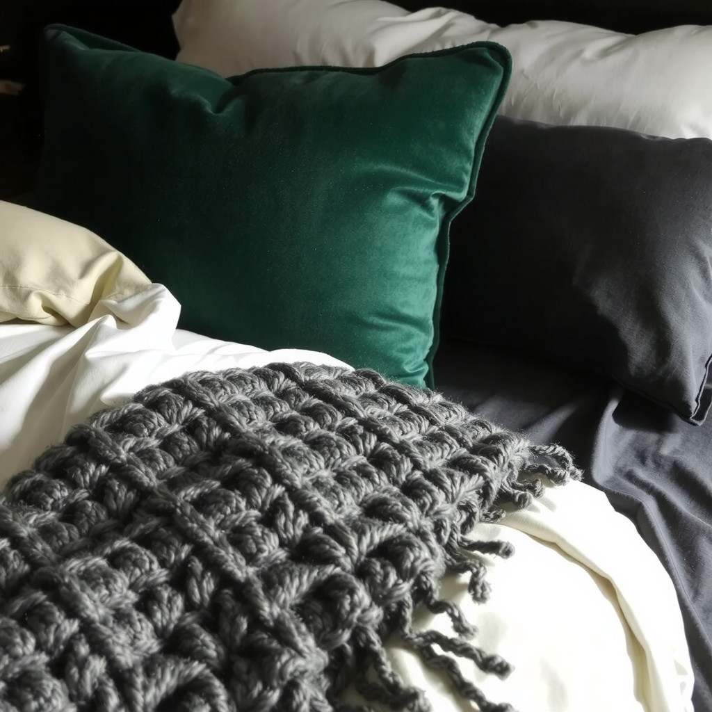 Close up of velvet pillows and a chunky knit throw on a dark bed