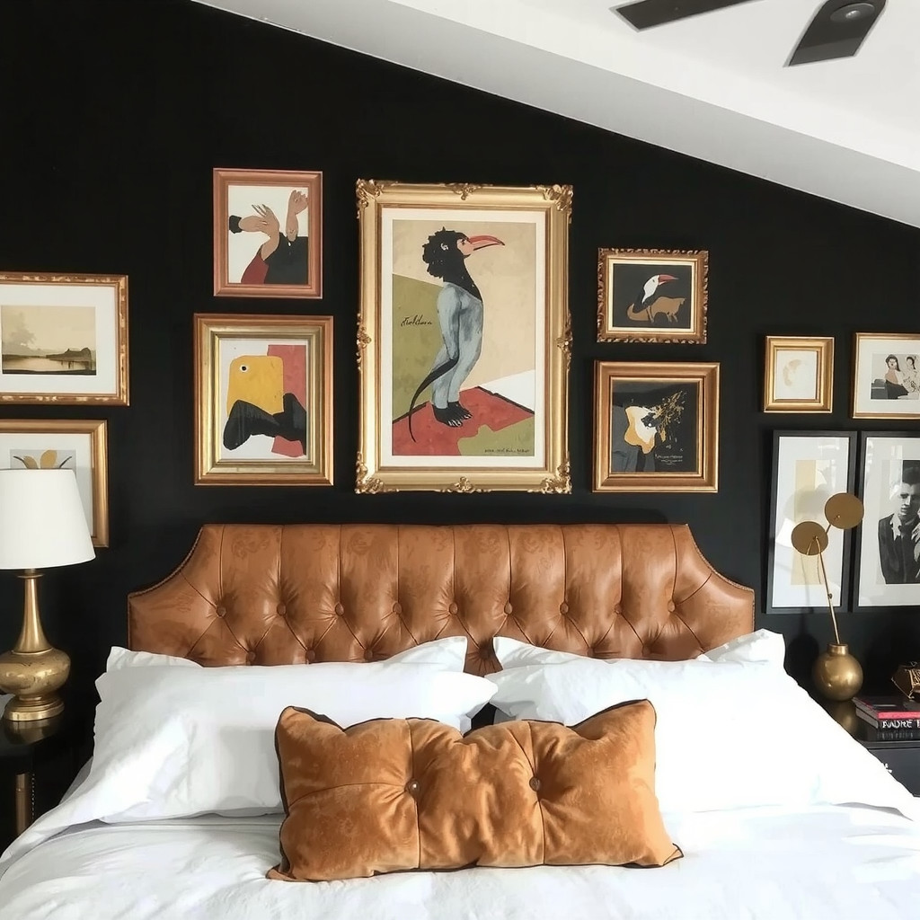 A gallery wall with gold frames against a dark navy wall