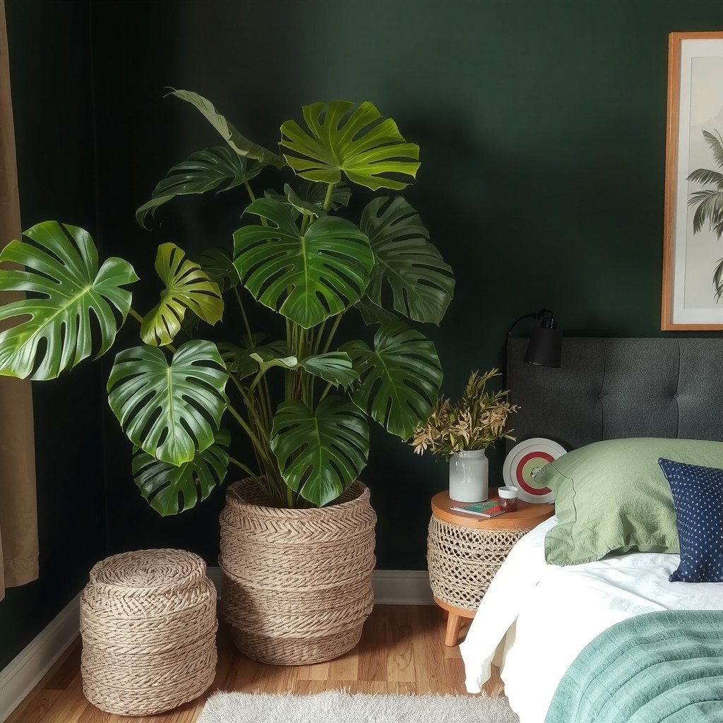 A large monstera plant in a woven pot against a dark green wall
