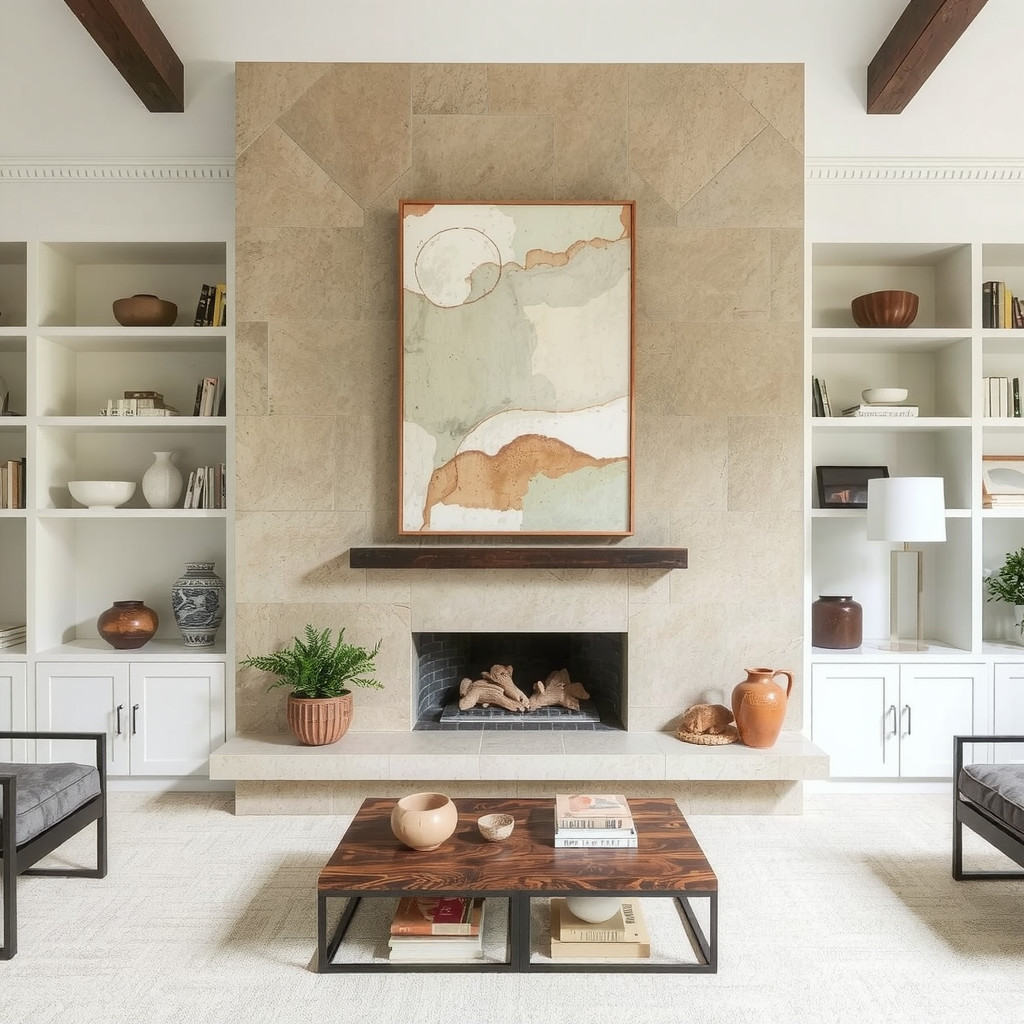 Limestone fireplace with abstract art