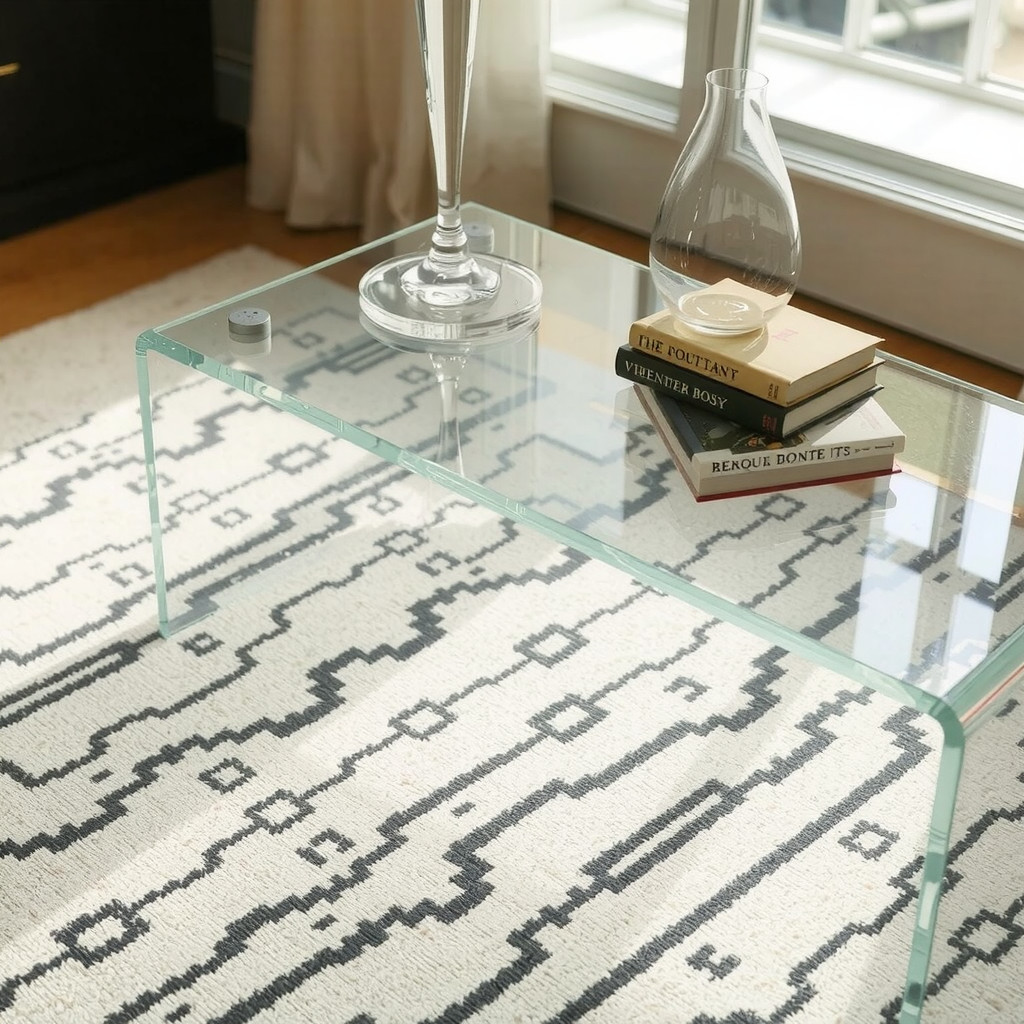 Acrylic coffee table and light textiles