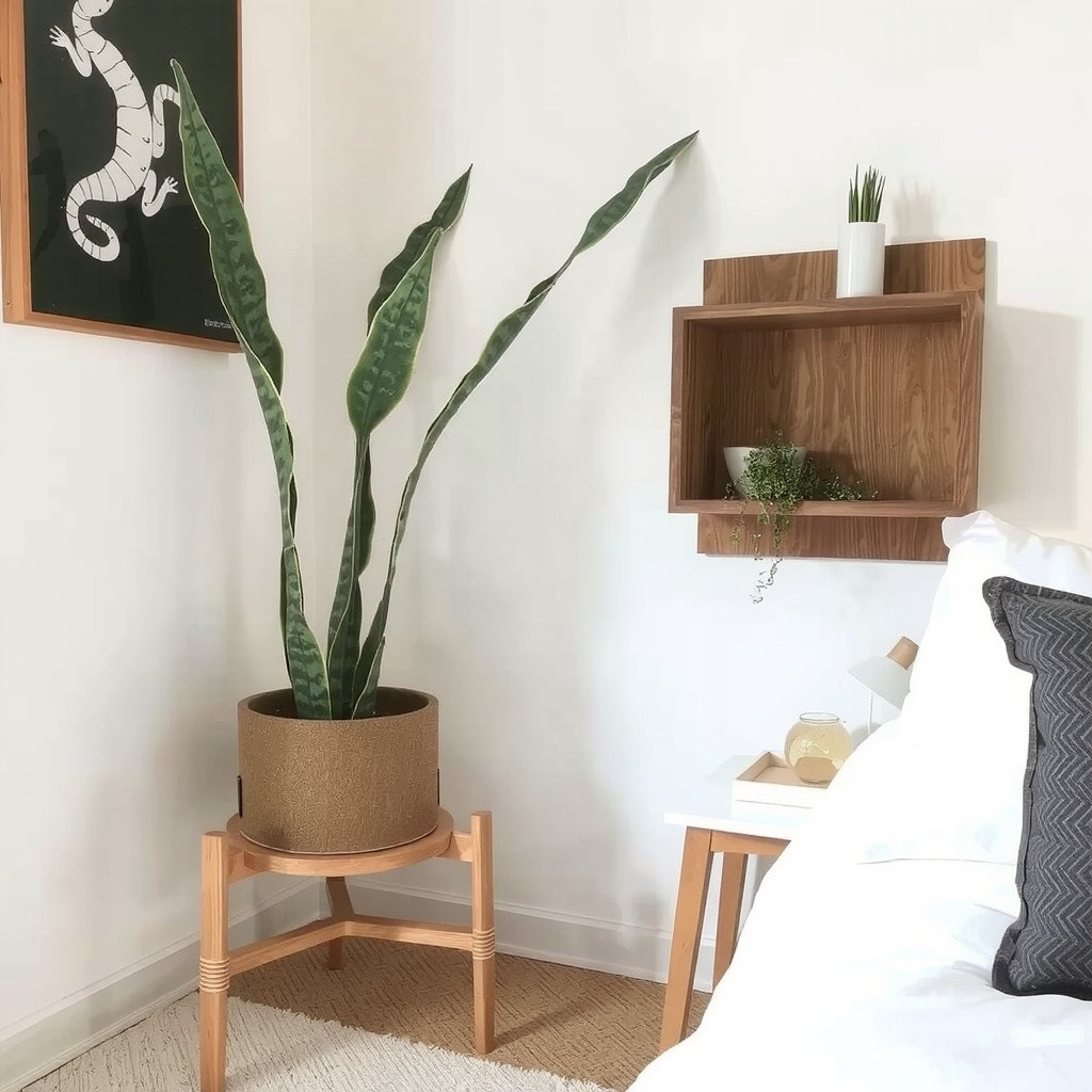 Corner bedroom layout with tall plants