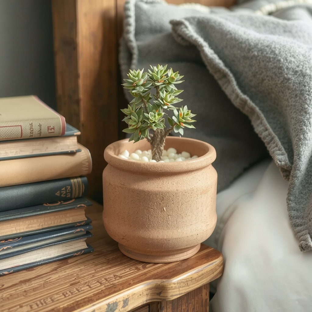 Ceramic planter on wooden bedside table
