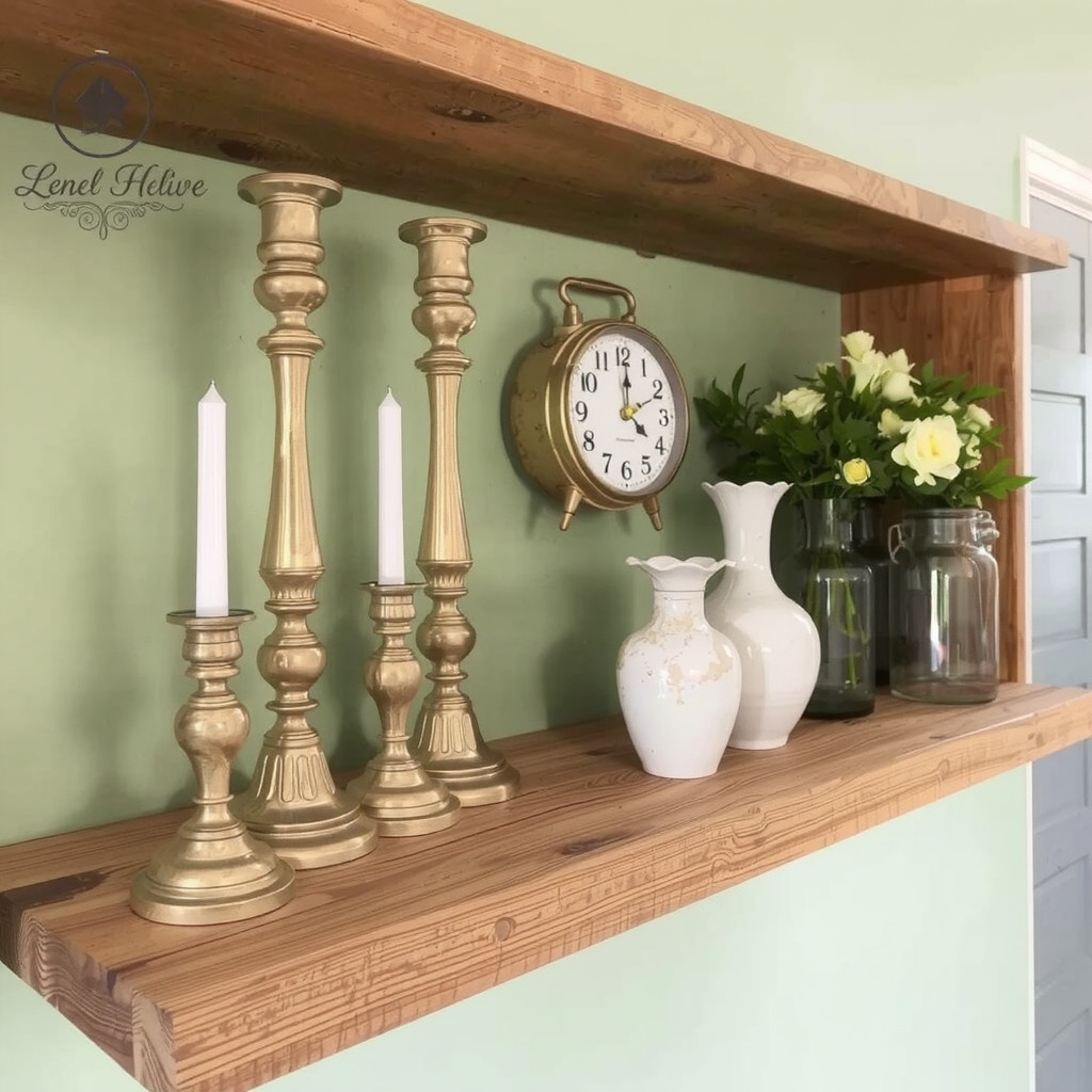 A detailed vignette on a floating wooden shelf showcasing a collection of brass candlesticks, a vintage clock, and ceramic vases arranged in a cluster of three, against a sage green wall