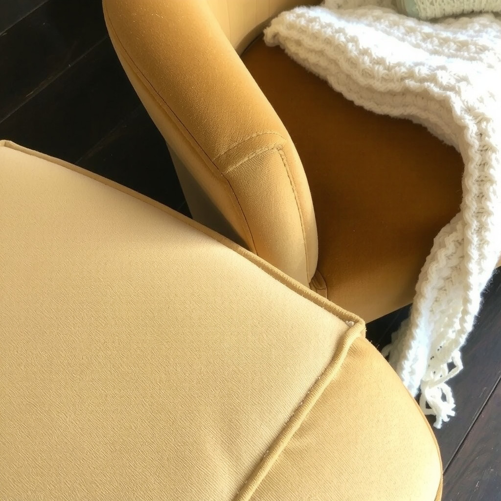 Close-up texture shot of a reupholstered vintage armchair in mustard velvet sitting on a dark wood floor, paired with a chunky knit cream throw blanket