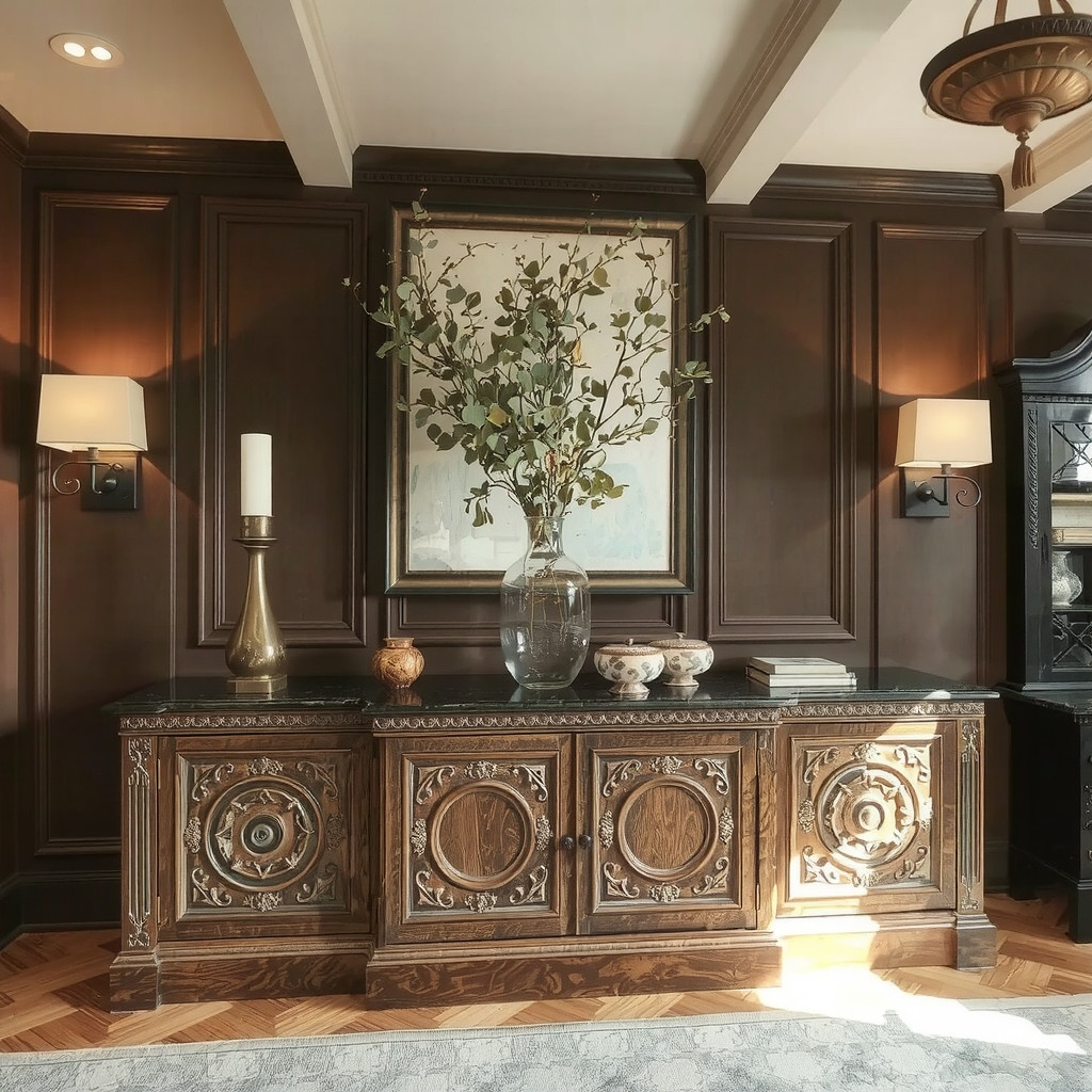 A dramatic dining room scene centering on a large antique oak sideboard with intricate carving, topped with a modern abstract painting and a vase of dried eucalyptus