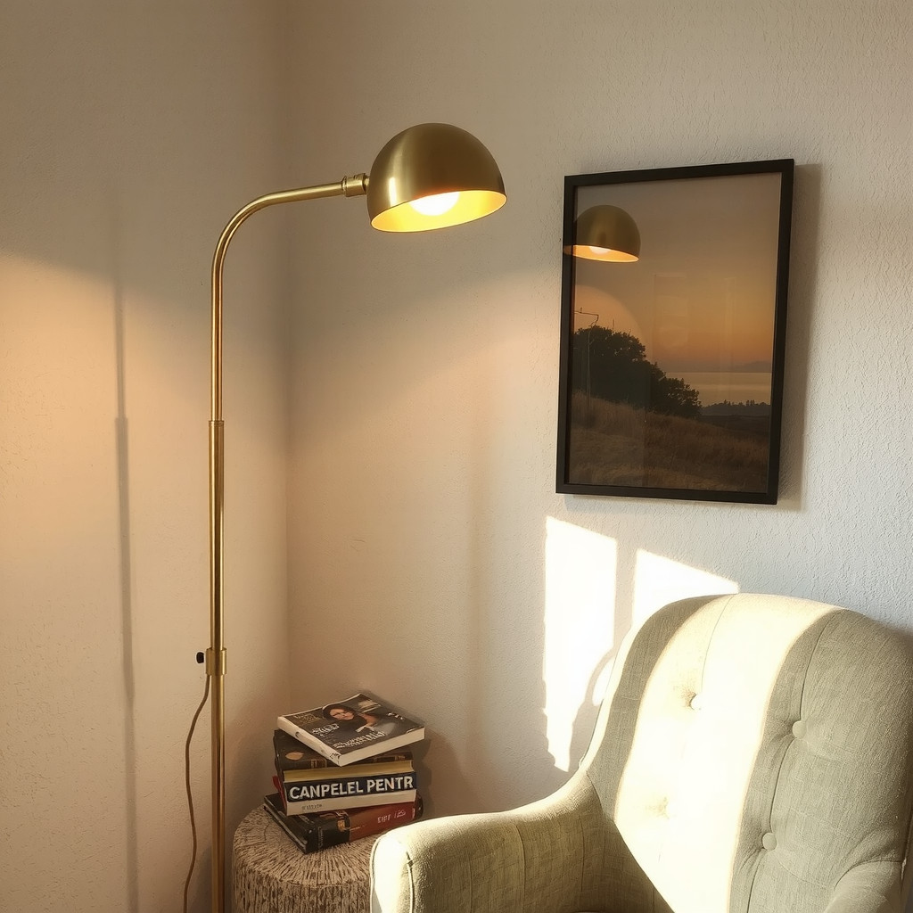A cozy evening corner featuring a retro arc floor lamp with a gold finish illuminating a reading nook, casting warm shadows on a textured wall