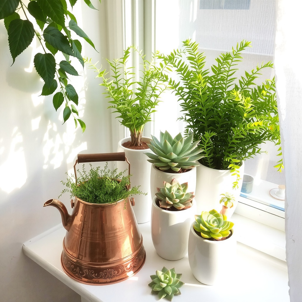 A bright windowsill arrangement of thrifted copper kettles and ceramic tea mugs repurposed as plant pots holding lush green ferns and succulents