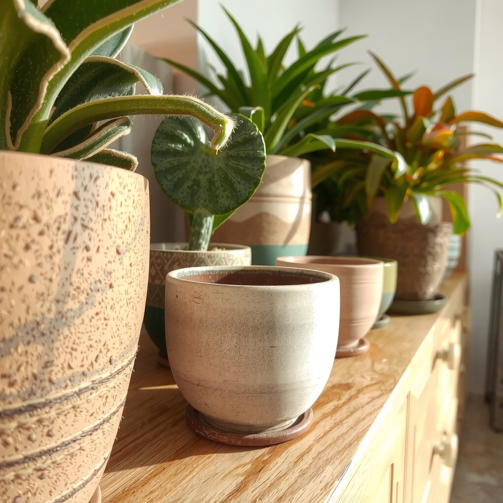 Close-up of textured ceramic and woven plant pots on a wooden surface