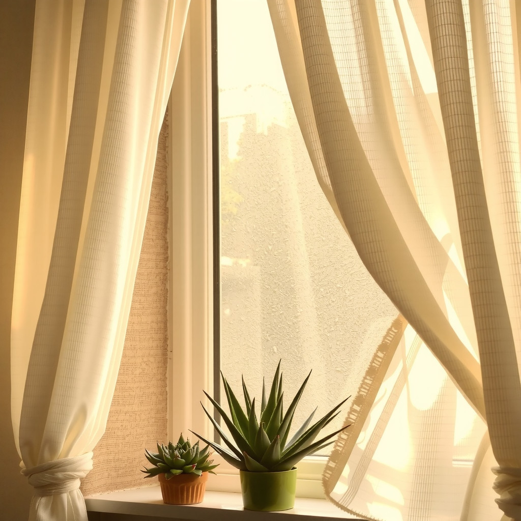 Plants resting on a window sill bathed in soft filtered light