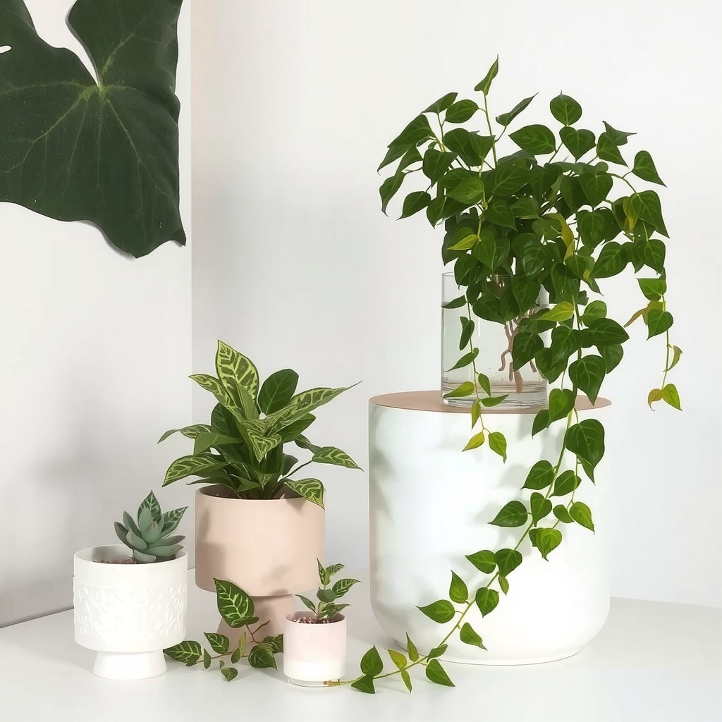 A curated collection of ZZ plants and Pothos on a display table
