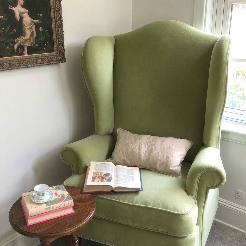 A reading nook with a wingback chair and side table