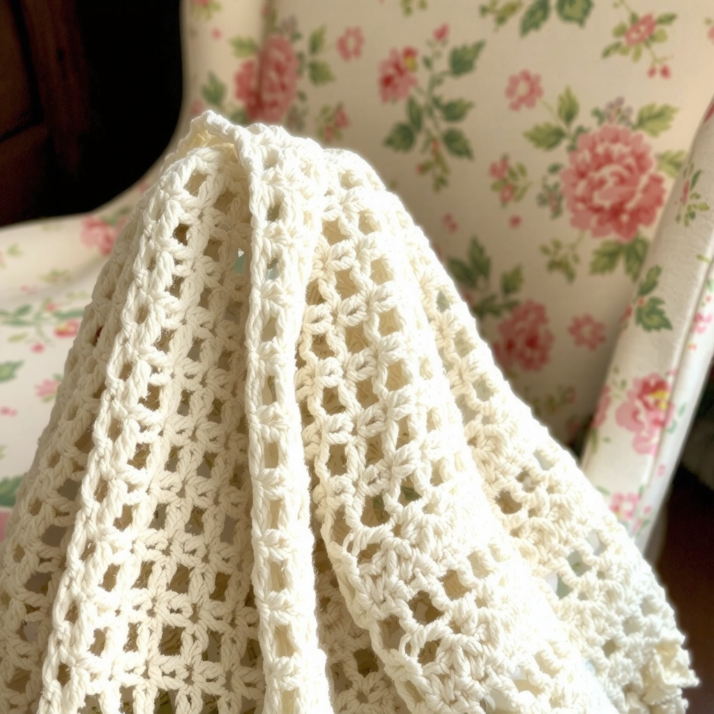 Close up of crochet textures and floral chintz fabrics
