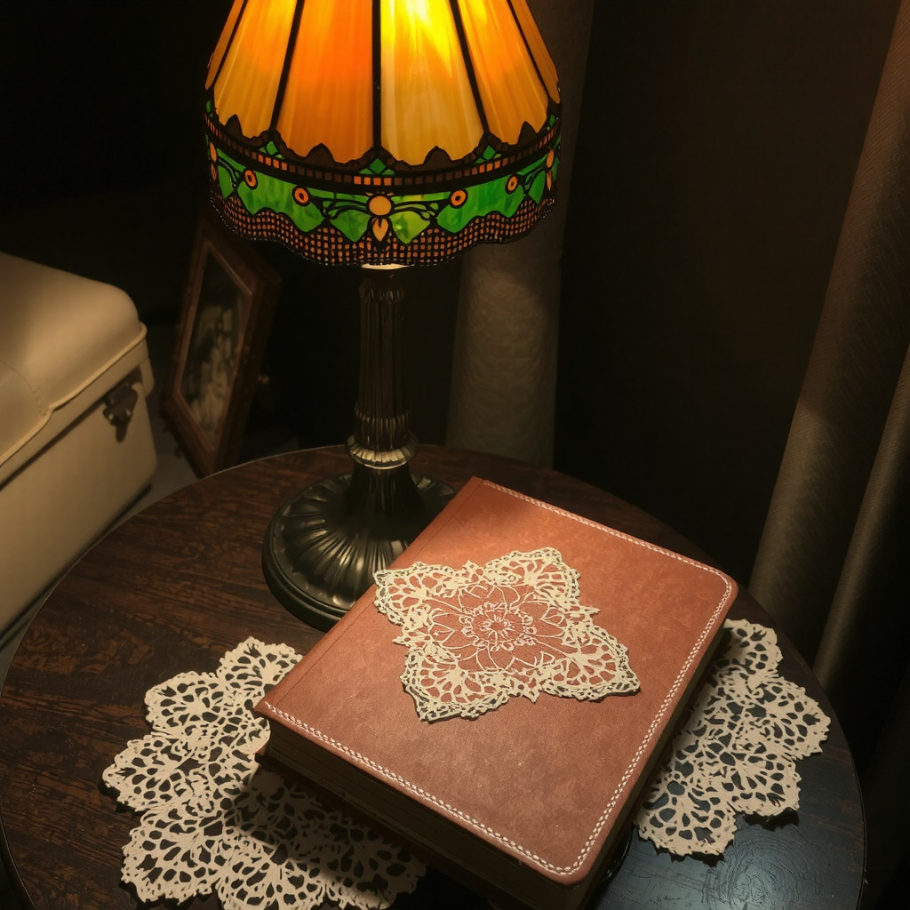 Tiffany style lamp on a lace doily