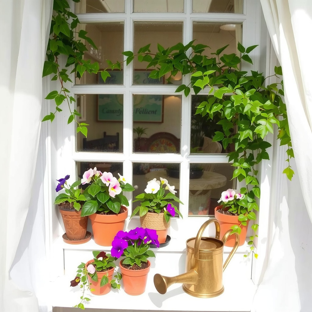 Windowsill with african violets and trailing ivy