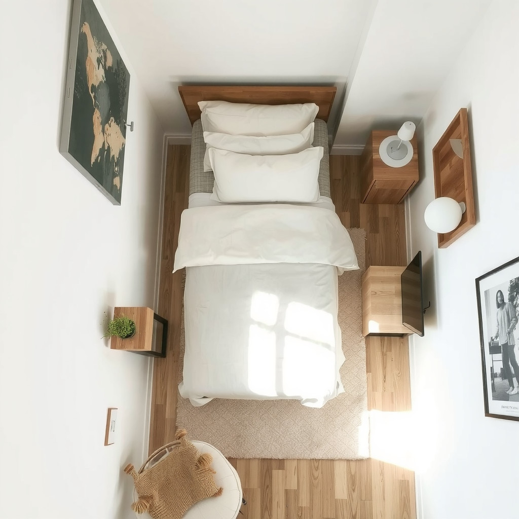 A top-down view of a small bedroom layout