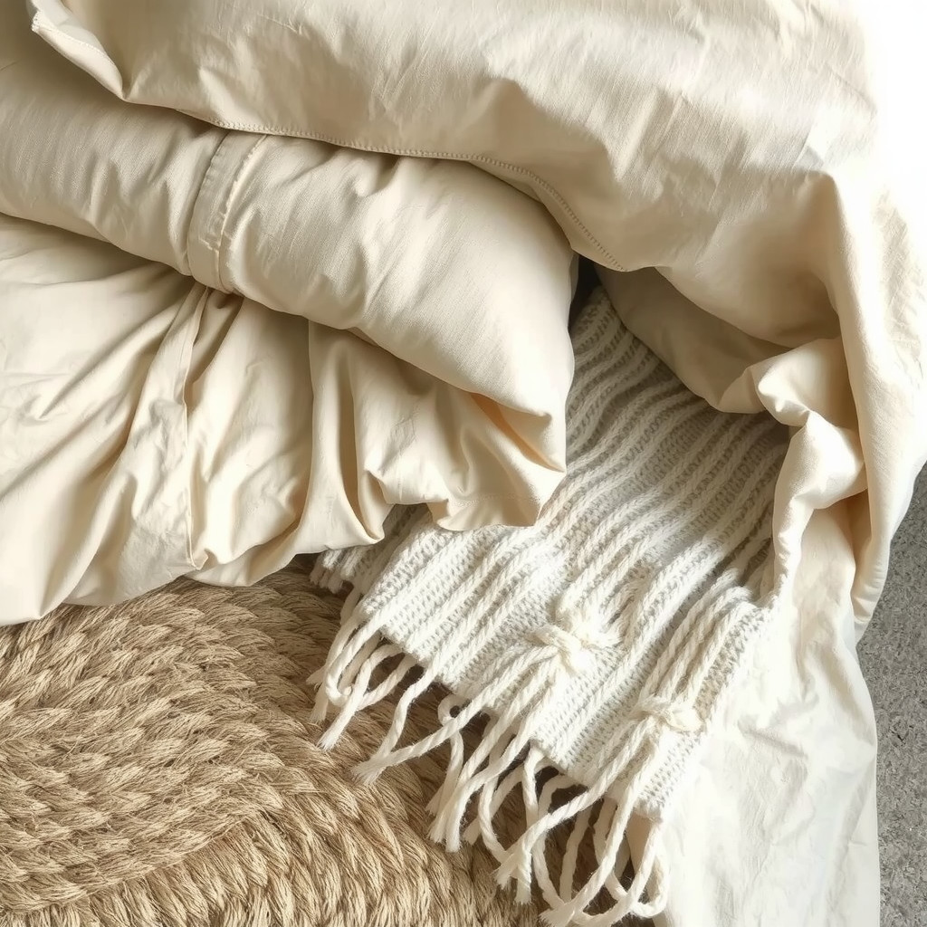 Close-up of textured linen bedding and a wool throw