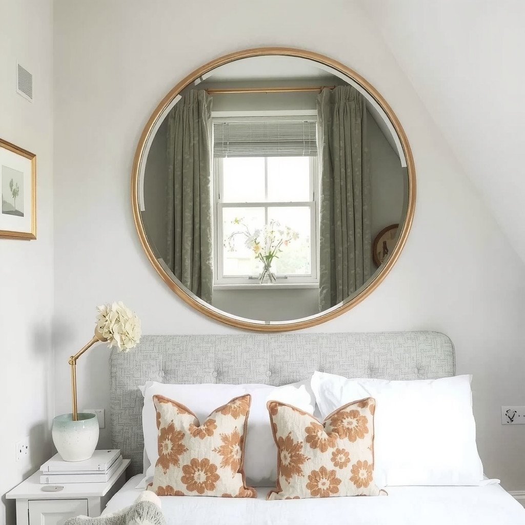 A bedroom with a large round mirror above the bed
