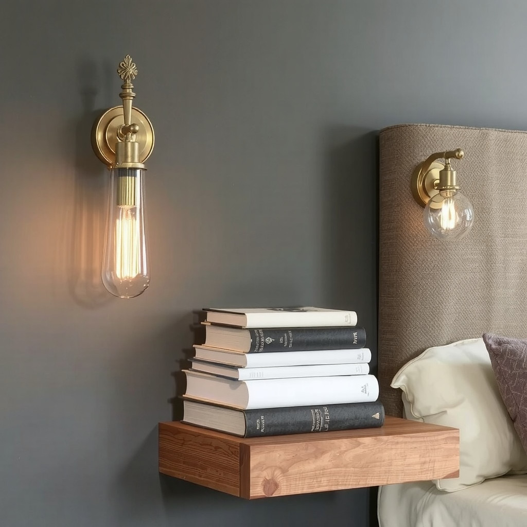 Brass wall sconces mounted on a dark moody wall