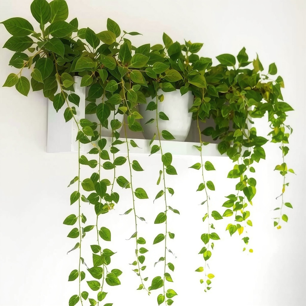 Hanging plants trailing down from a high shelf