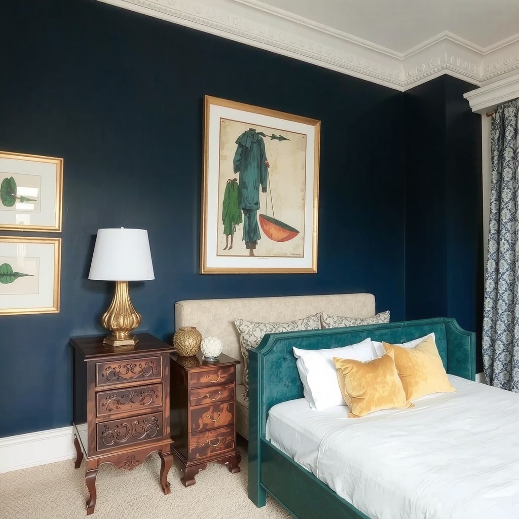 Jewel toned headboard against a black wall