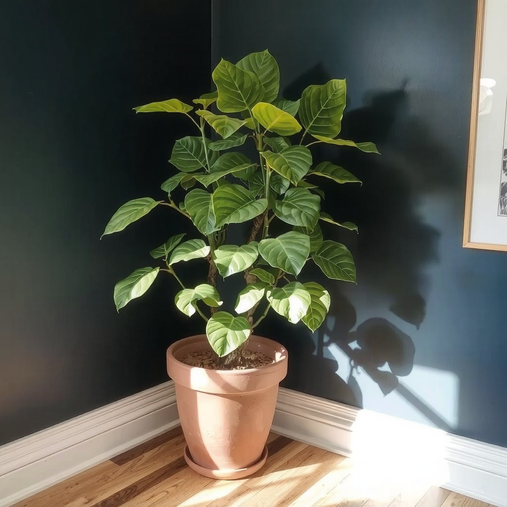 Vibrant green plant against a dark blue wall