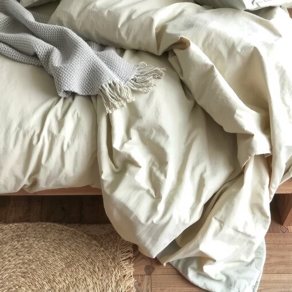 A close-up vignette of a bed dressed in crumpled washed linen sheets in soft grey and cream a waffle-knit wool throw draped casually a textured jute rug visible on the floor natural wood grain on the bed frame creating a tactile and inviting sensory experience