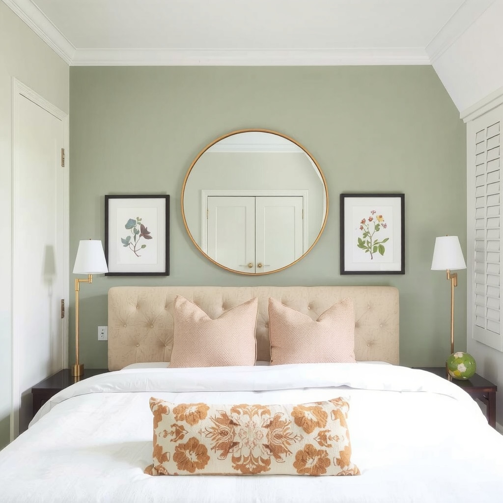 A stylish small bedroom focused on a statement wall behind the bed featuring a large round mirror with a thin brass frame flanked by two framed botanical prints a tufted beige headboard soft sage green wall color and balanced symmetrical composition