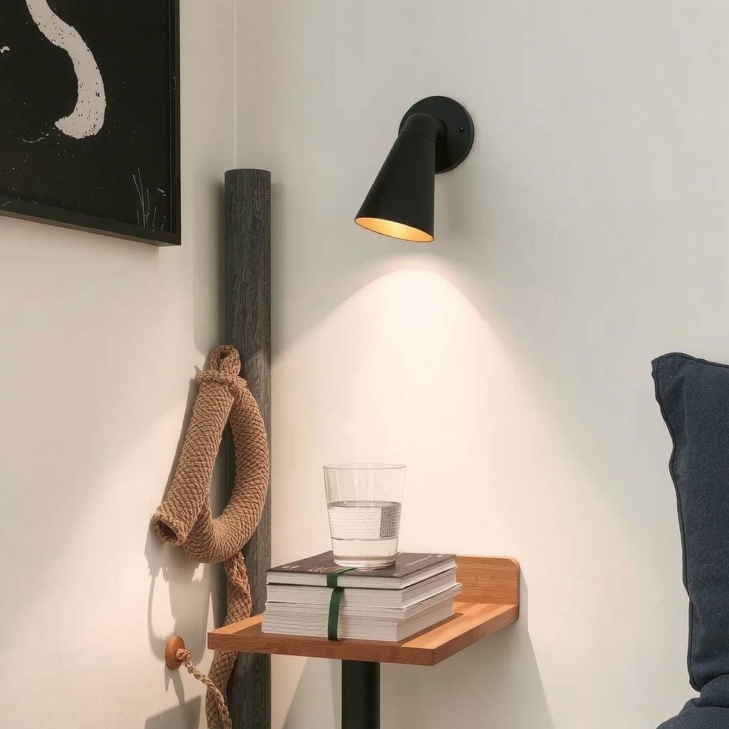 A cozy evening scene in a small bedroom highlighting a matte black wall-mounted sconce above a small floating nightstand casting a warm reading light with a stack of books and a glass of water showing practical space-saving design in a modern setting