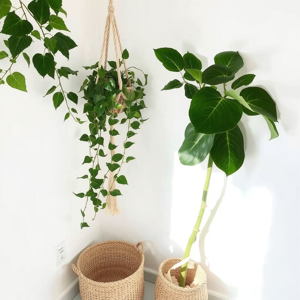 A bright bedroom corner featuring a macramé plant hanger holding a lush trailing ivy plant a tall fiddle leaf fig in a woven basket on the floor white walls sunlight casting leaf shadows enhancing the room fresh and organic feel
