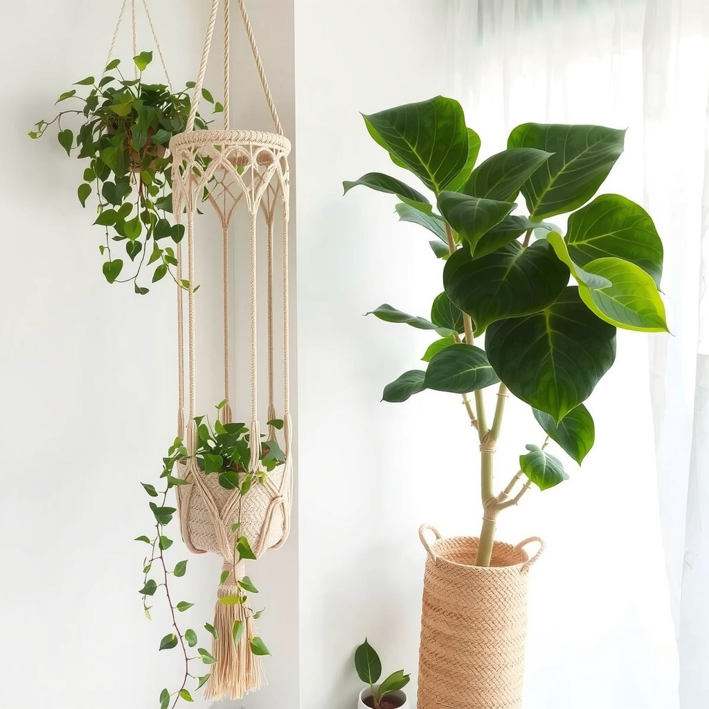 Bedroom corner layout with hanging trailing plants and a floor plant near sheer curtains