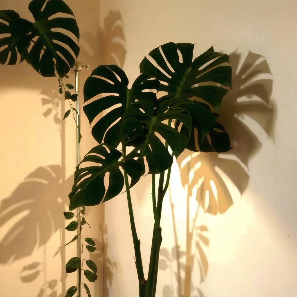 Evening bedroom ambiance with a lamp casting soft leaf shadows on the wall