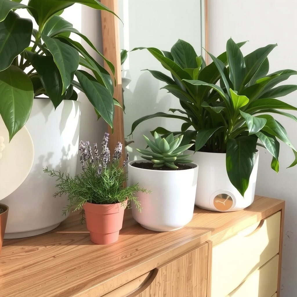 A collection of bedroom plants including Peace Lily and Lavender on a wooden dresser