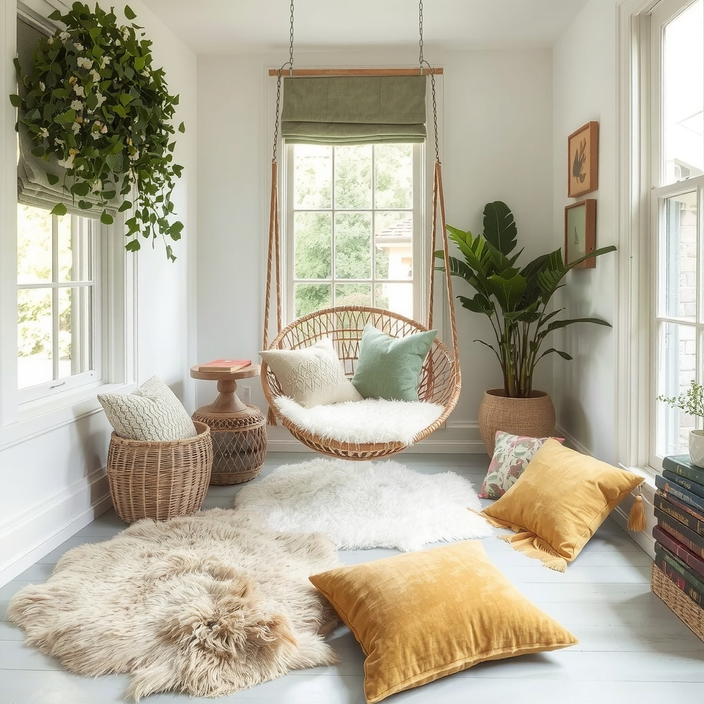 A cozy reading nook situated in a bay window with a hanging rattan chair, layered faux fur rugs, and scattered floor cushions in sage green and mustard
