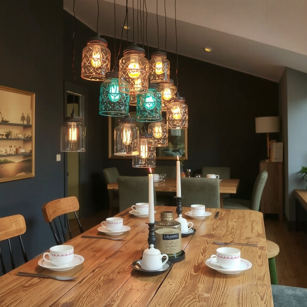 A dining area illuminated by a cluster of pendant lights made from colored glass jars, casting warm amber and blue hues on a rustic wooden table