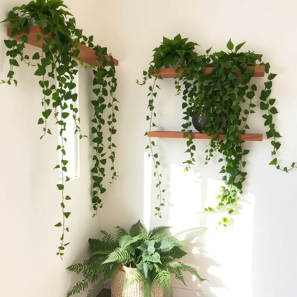 A sunlit corner filled with trailing ivy plants on floating wooden shelves and a large fern in a woven basket on the floor