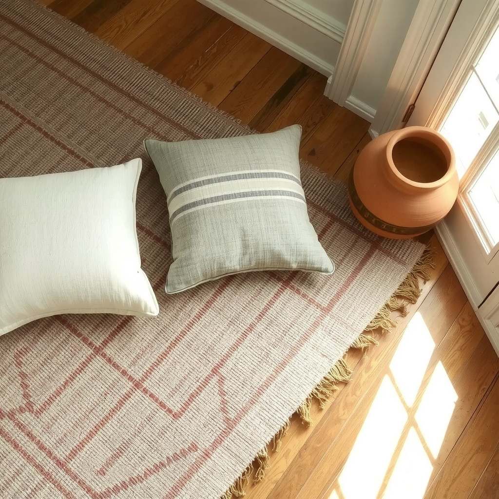 Close-up of mixed textiles and layered rugs