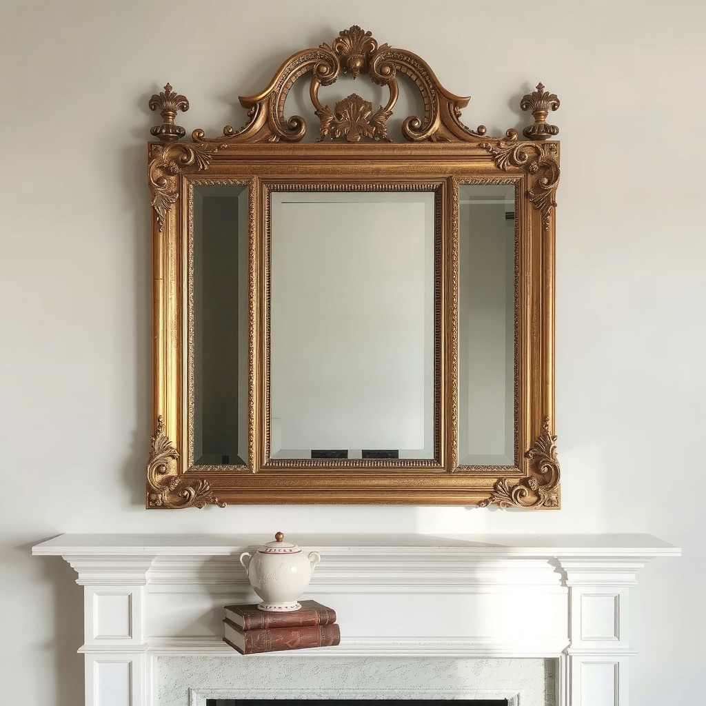 Antique mirror above mantel creates a strong focal point