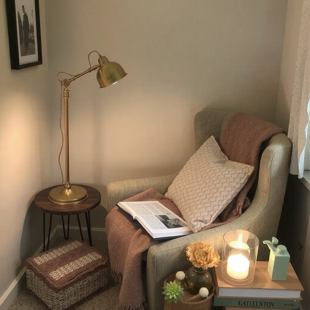 Softly lit reading nook with vintage lamp and warm glow