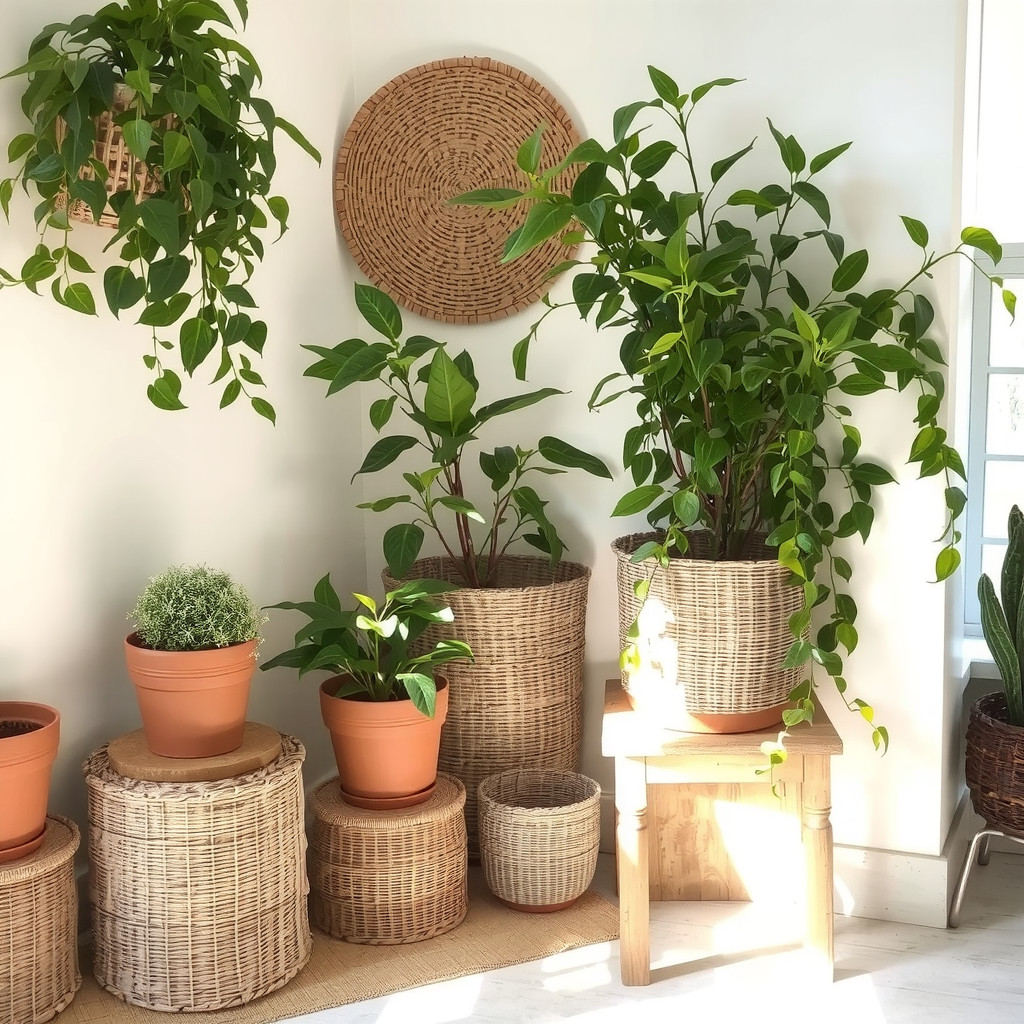 Indoor plants in terracotta and woven baskets near vintage furniture