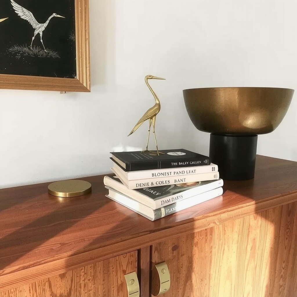 A curated vignette on a mid-century teak sideboard showcasing a stack of vintage hardcover books
