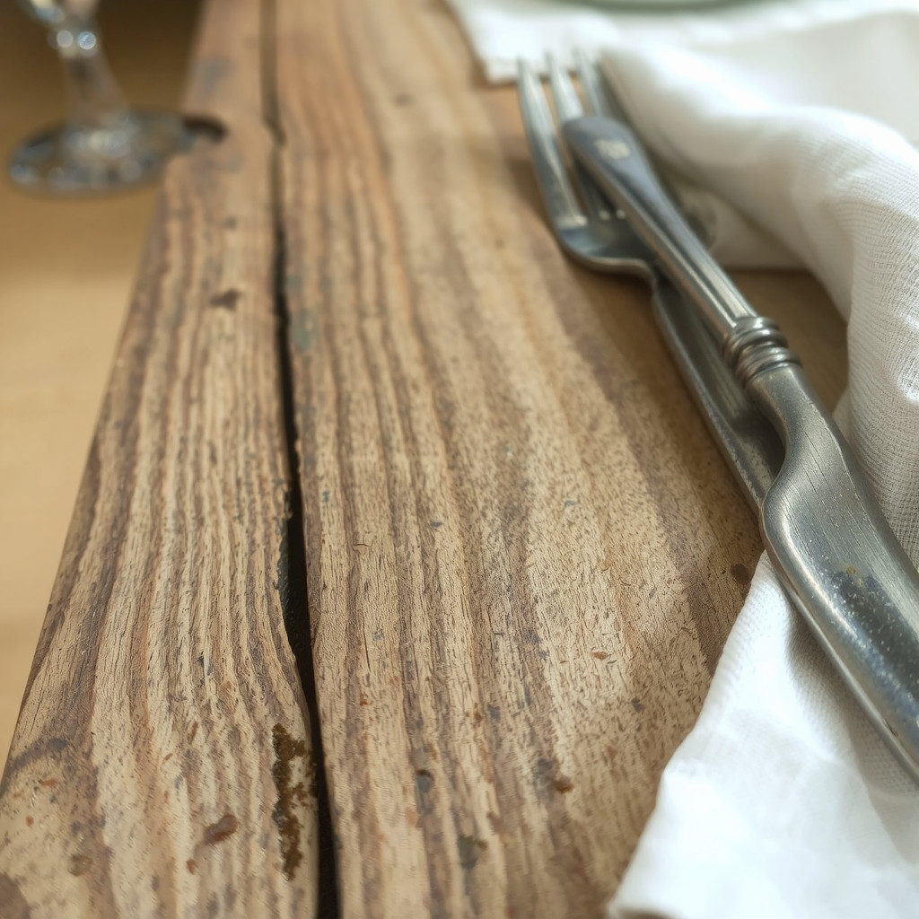 Close-up detail of a rustic farmhouse dining table surface showing natural wood grain and patina