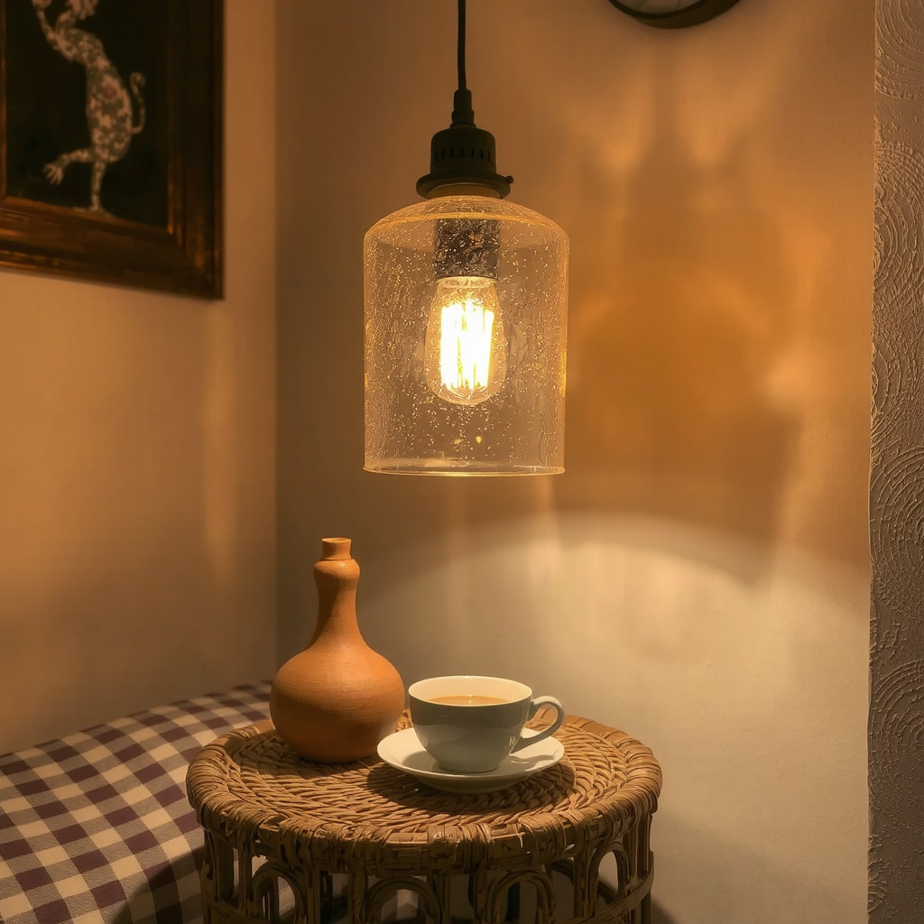 An amber glass pendant light fixture hanging above a reading nook