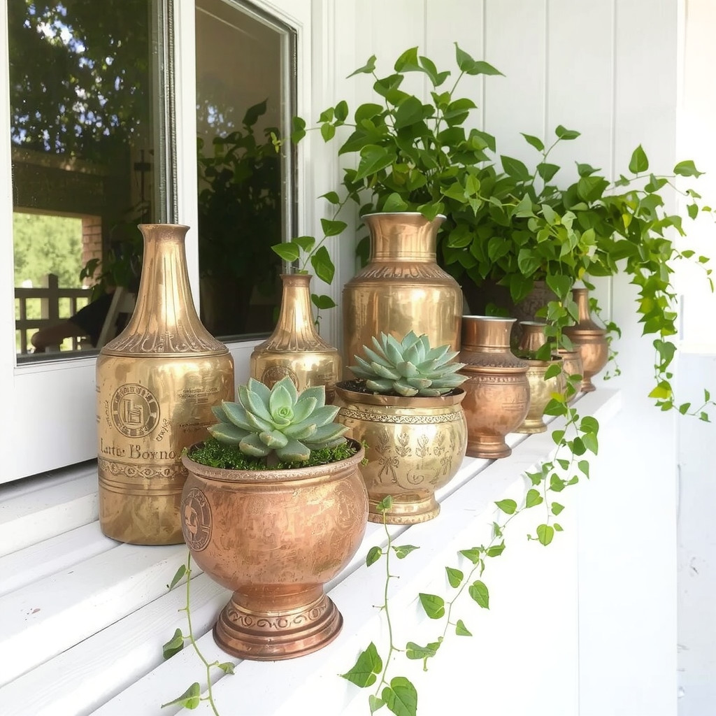 A collection of vintage brass and copper vessels repurposed as planters on a white wooden windowsill