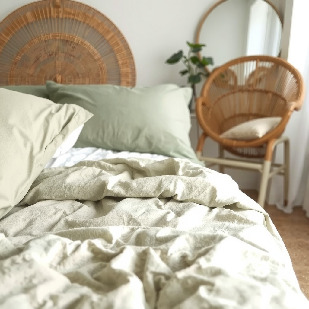 Close-up of washed linen bedding in sage and oatmeal tones with a rattan chair and large round mirror reflecting natural light in the background