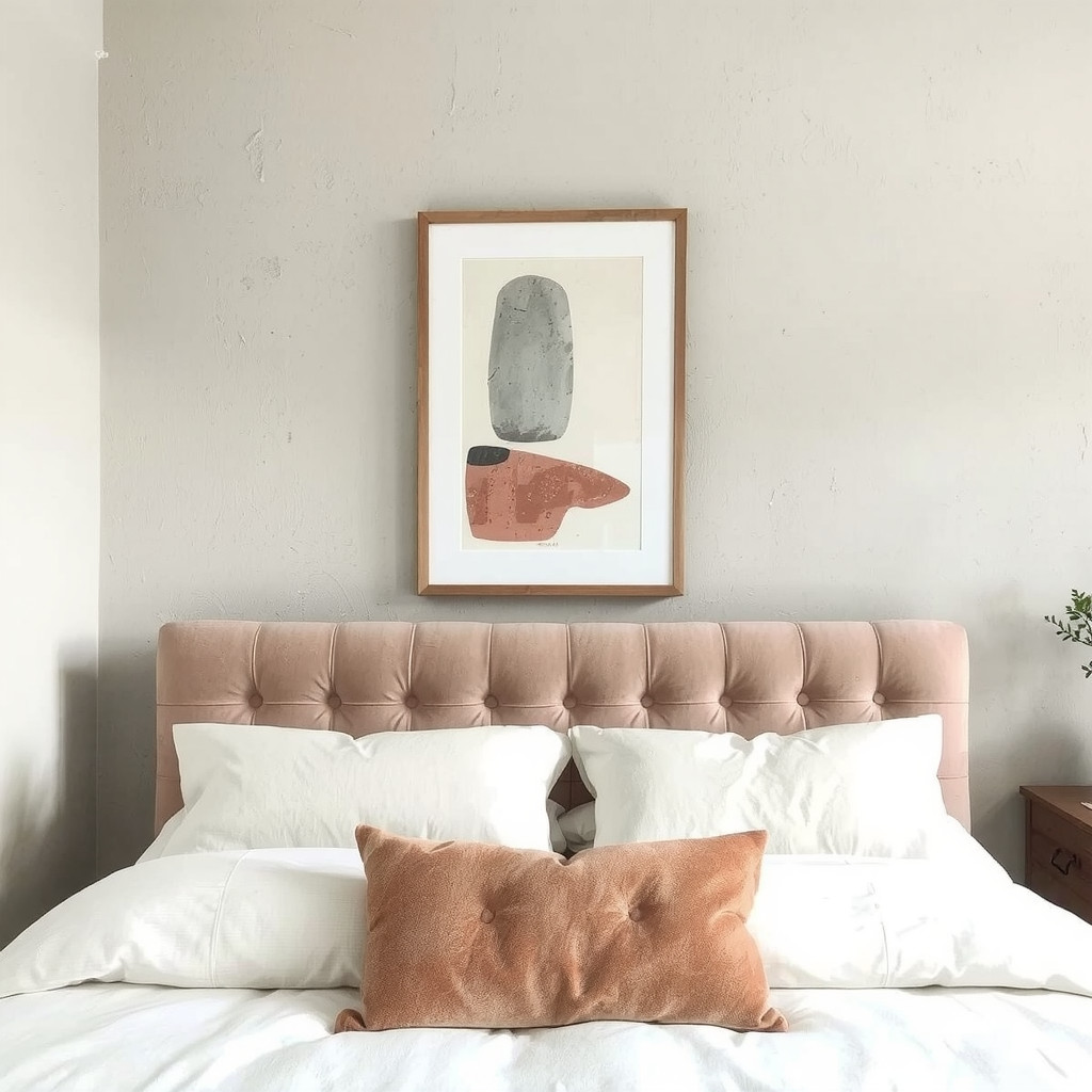 A focal point featuring a channel-tufted dusty rose headboard against a limewash wall with a single large abstract art print in a thin wooden frame