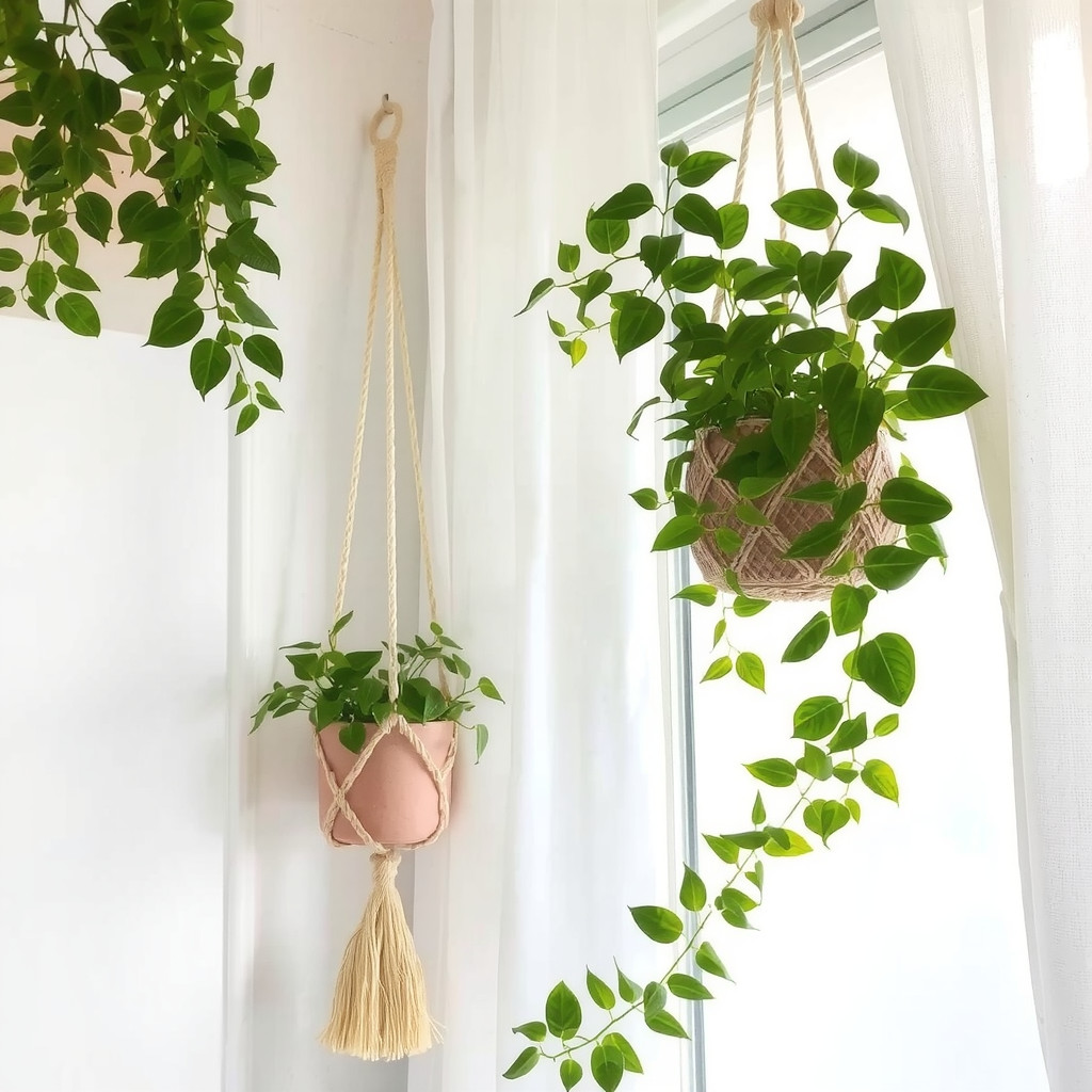 A cascading pothos plant hanging from a macrame planter near a window with sheer curtains adding vertical vibrancy without using floor space